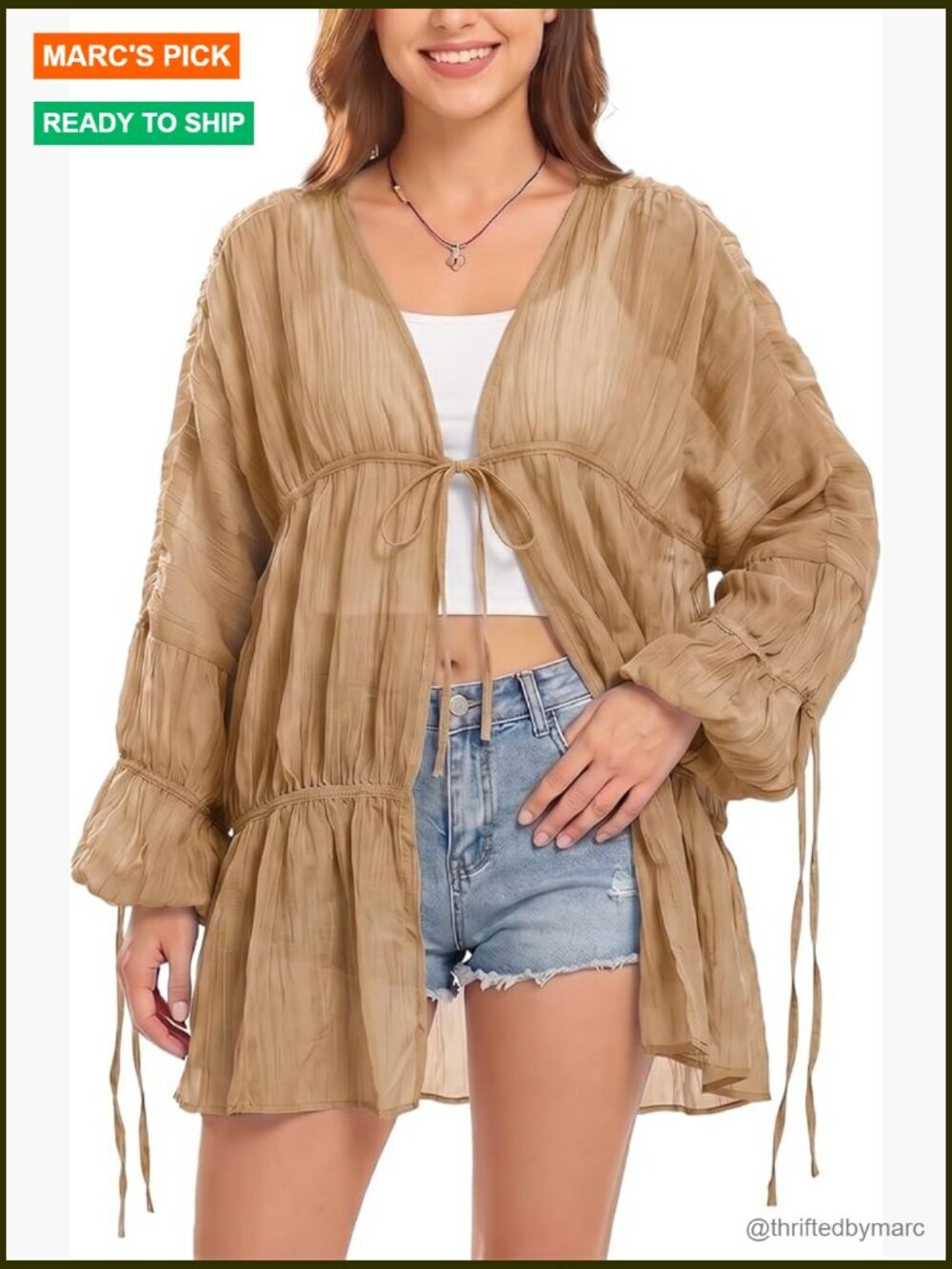 Boho Chiffon Swimsuit Coverup Ruched Bell Sleeve Flowy Tie Front Beach Cardigan
